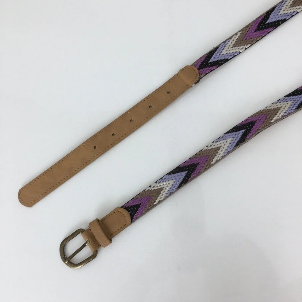 Women’s Thin Boho Belt Chevron Embroidered Multi Colored Purple Brown Size 13